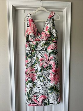 Kay Unger White Floral V-Neck Midi Dress with Pink and Green Print